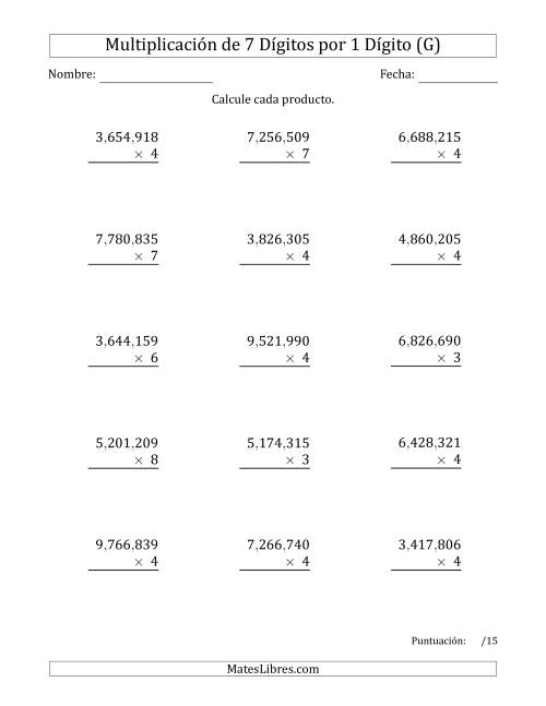 La hoja de ejercicios de Multiplicar Números de 7 Dígitos por 1 Dígito Usando Comas como Separadores de Millares (G)