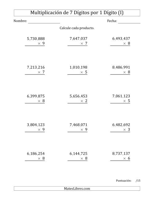 La hoja de ejercicios de Multiplicar Números de 7 Dígitos por 1 Dígito Usando Comas como Separadores de Millares (I)