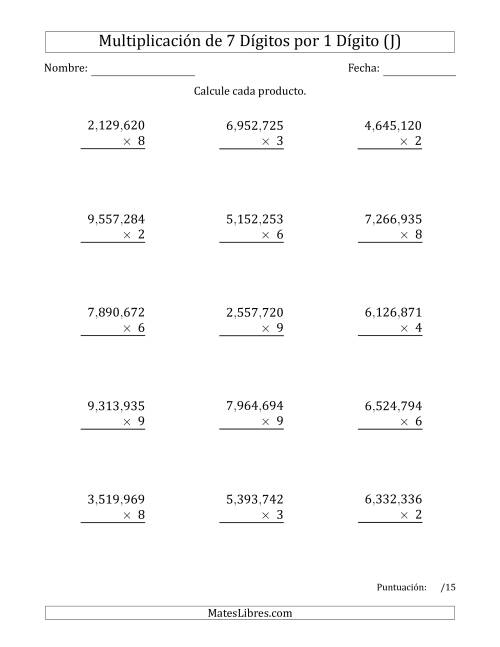La hoja de ejercicios de Multiplicar Números de 7 Dígitos por 1 Dígito Usando Comas como Separadores de Millares (J)