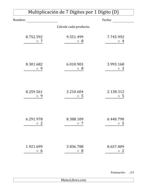 La hoja de ejercicios de Multiplicar Números de 7 Dígitos por 1 Dígito Usando Puntos como Separadores de Millares (D)