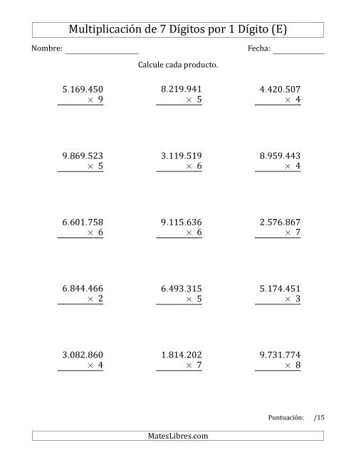 La hoja de ejercicios de Multiplicar Números de 7 Dígitos por 1 Dígito Usando Puntos como Separadores de Millares (E)