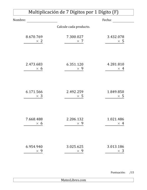 La hoja de ejercicios de Multiplicar Números de 7 Dígitos por 1 Dígito Usando Puntos como Separadores de Millares (F)