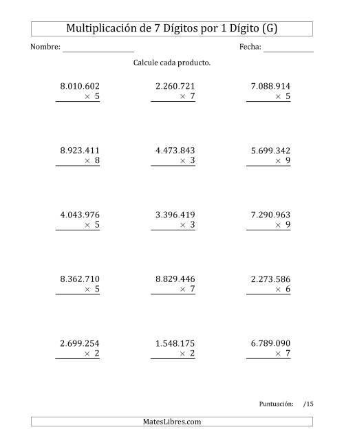 La hoja de ejercicios de Multiplicar Números de 7 Dígitos por 1 Dígito Usando Puntos como Separadores de Millares (G)