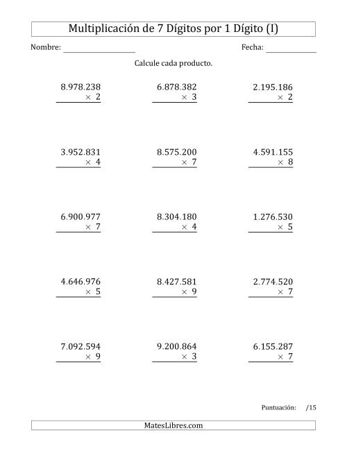 La hoja de ejercicios de Multiplicar Números de 7 Dígitos por 1 Dígito Usando Puntos como Separadores de Millares (I)