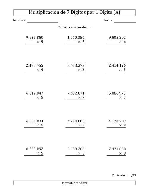 La hoja de ejercicios de Multiplicar Números de 7 Dígitos por 1 Dígito Usando Puntos como Separadores de Millares (Todas)