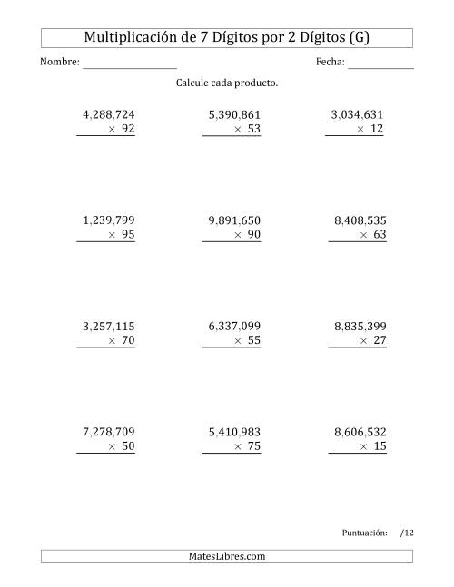 La hoja de ejercicios de Multiplicar Números de 7 Dígitos por 2 Dígitos Usando Comas como Separadores de Millares (G)