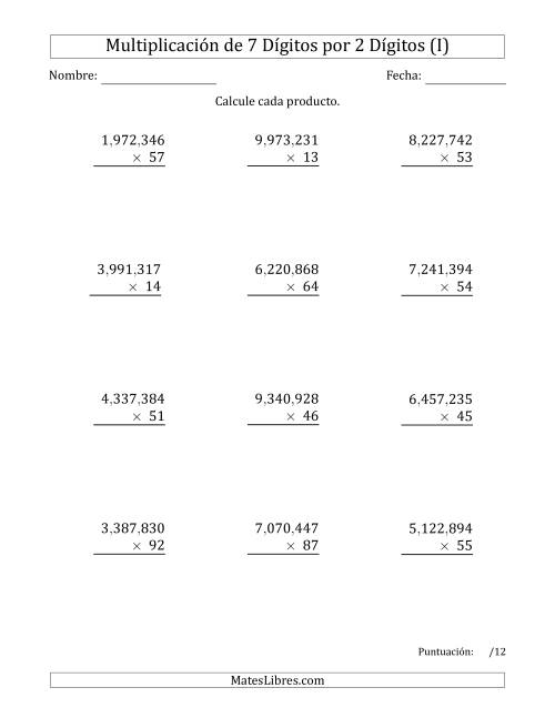 La hoja de ejercicios de Multiplicar Números de 7 Dígitos por 2 Dígitos Usando Comas como Separadores de Millares (I)