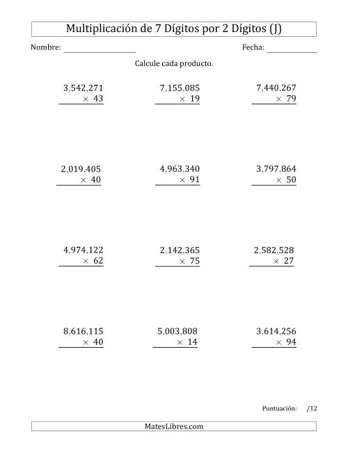 La hoja de ejercicios de Multiplicar Números de 7 Dígitos por 2 Dígitos Usando Comas como Separadores de Millares (J)