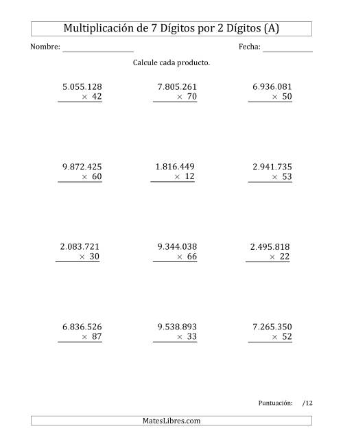 La hoja de ejercicios de Multiplicar Números de 7 Dígitos por 2 Dígitos Usando Puntos como Separadores de Millares (A)