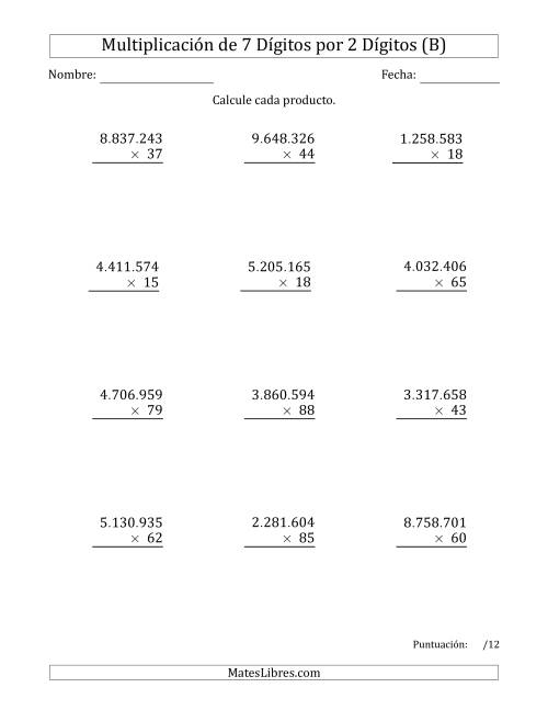 La hoja de ejercicios de Multiplicar Números de 7 Dígitos por 2 Dígitos Usando Puntos como Separadores de Millares (B)