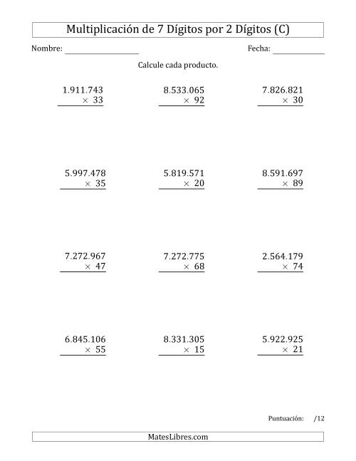 La hoja de ejercicios de Multiplicar Números de 7 Dígitos por 2 Dígitos Usando Puntos como Separadores de Millares (C)