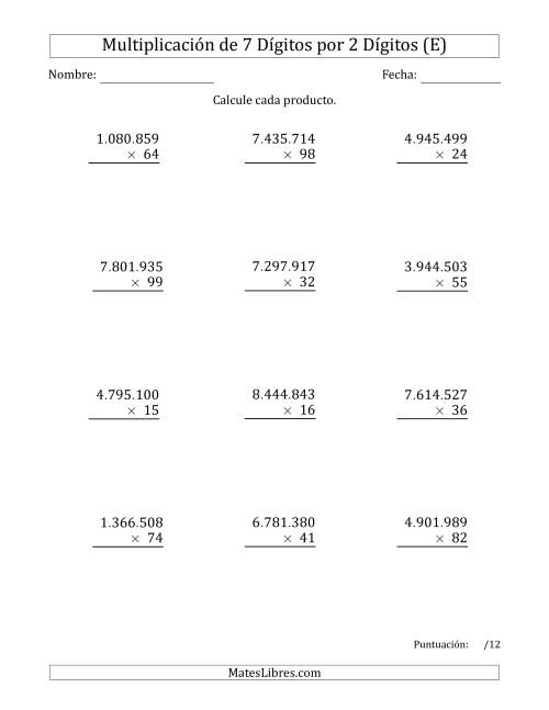 La hoja de ejercicios de Multiplicar Números de 7 Dígitos por 2 Dígitos Usando Puntos como Separadores de Millares (E)