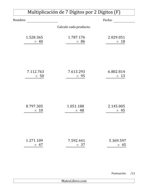 La hoja de ejercicios de Multiplicar Números de 7 Dígitos por 2 Dígitos Usando Puntos como Separadores de Millares (F)