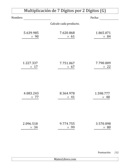 La hoja de ejercicios de Multiplicar Números de 7 Dígitos por 2 Dígitos Usando Puntos como Separadores de Millares (G)