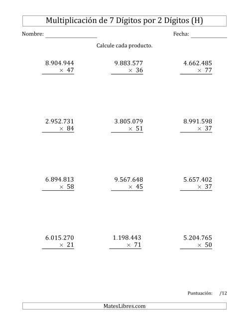 La hoja de ejercicios de Multiplicar Números de 7 Dígitos por 2 Dígitos Usando Puntos como Separadores de Millares (H)