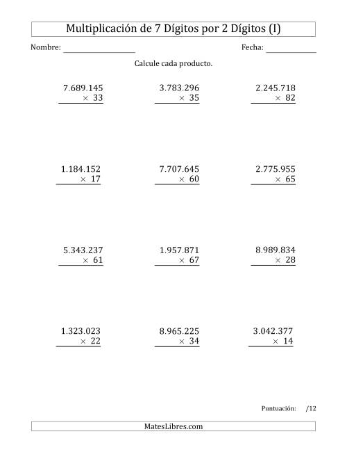 La hoja de ejercicios de Multiplicar Números de 7 Dígitos por 2 Dígitos Usando Puntos como Separadores de Millares (I)