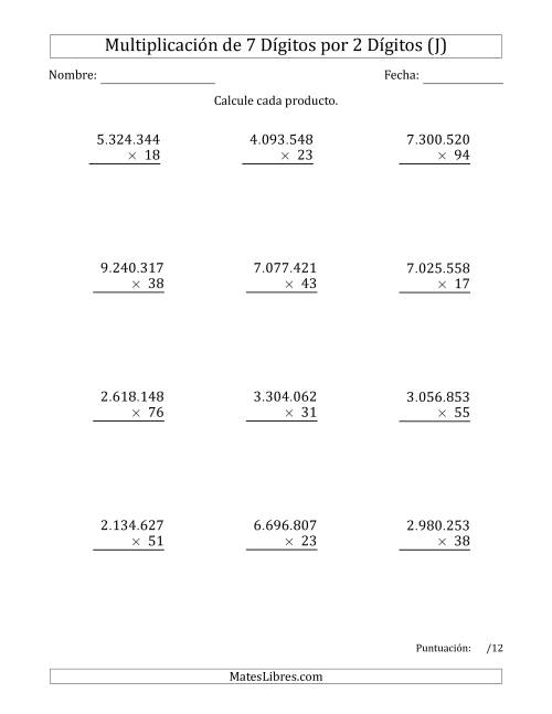 La hoja de ejercicios de Multiplicar Números de 7 Dígitos por 2 Dígitos Usando Puntos como Separadores de Millares (J)