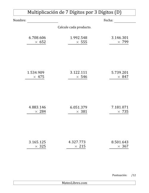 La hoja de ejercicios de Multiplicar Números de 7 Dígitos por 3 Dígitos Usando Puntos como Separadores de Millares (D)