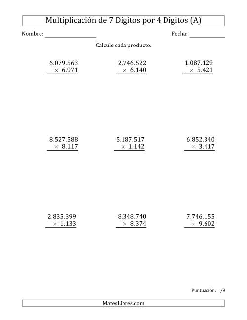 La hoja de ejercicios de Multiplicar Números de 7 Dígitos por 4 Dígitos Usando Puntos como Separadores de Millares (A)