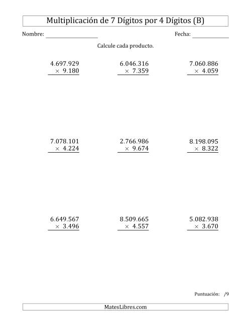 La hoja de ejercicios de Multiplicar Números de 7 Dígitos por 4 Dígitos Usando Puntos como Separadores de Millares (B)