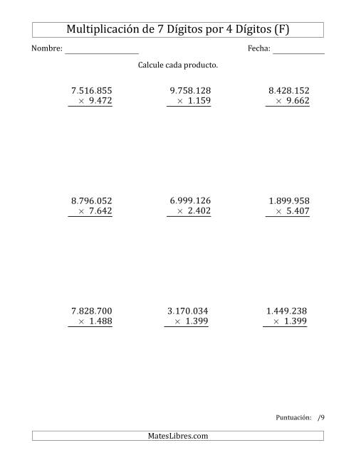 La hoja de ejercicios de Multiplicar Números de 7 Dígitos por 4 Dígitos Usando Puntos como Separadores de Millares (F)