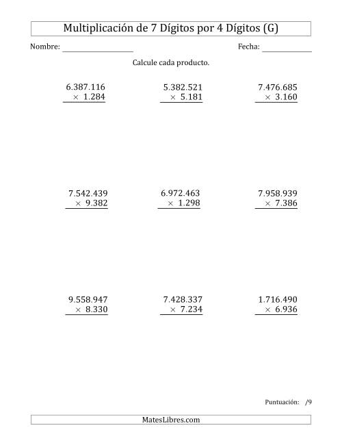 La hoja de ejercicios de Multiplicar Números de 7 Dígitos por 4 Dígitos Usando Puntos como Separadores de Millares (G)