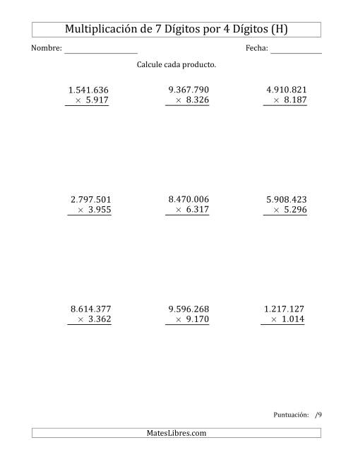 La hoja de ejercicios de Multiplicar Números de 7 Dígitos por 4 Dígitos Usando Puntos como Separadores de Millares (H)