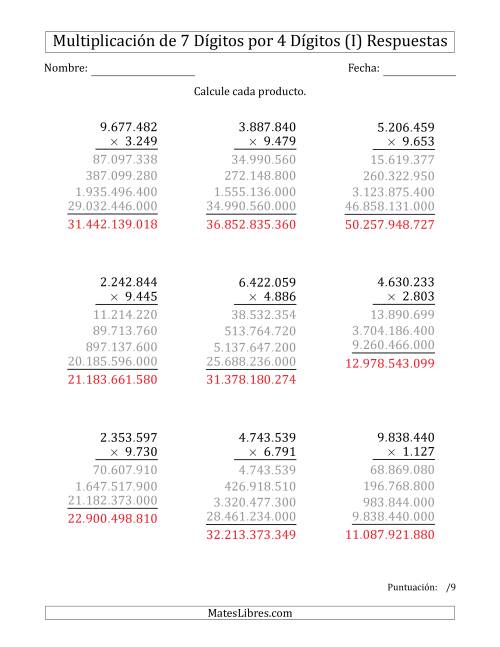 La hoja de ejercicios de Multiplicar Números de 7 Dígitos por 4 Dígitos Usando Puntos como Separadores de Millares (I) Página 2