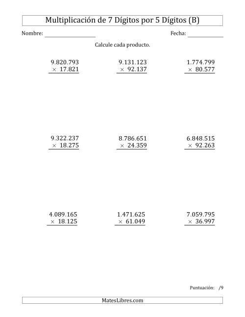 La hoja de ejercicios de Multiplicar Números de 7 Dígitos por 5 Dígitos Usando Puntos como Separadores de Millares (B)