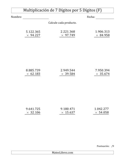 La hoja de ejercicios de Multiplicar Números de 7 Dígitos por 5 Dígitos Usando Puntos como Separadores de Millares (F)