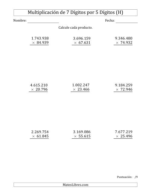 La hoja de ejercicios de Multiplicar Números de 7 Dígitos por 5 Dígitos Usando Puntos como Separadores de Millares (H)