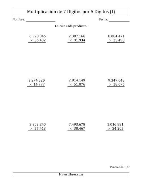 La hoja de ejercicios de Multiplicar Números de 7 Dígitos por 5 Dígitos Usando Puntos como Separadores de Millares (I)