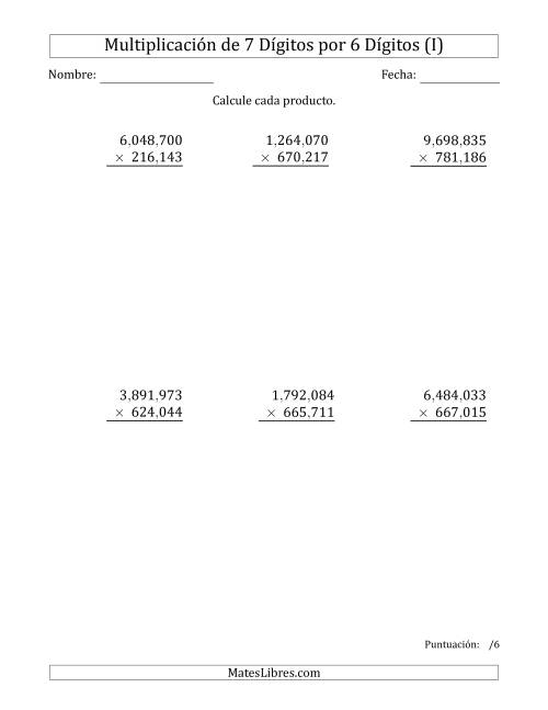 La hoja de ejercicios de Multiplicar Números de 7 Dígitos por 6 Dígitos Usando Comas como Separadores de Millares (I)