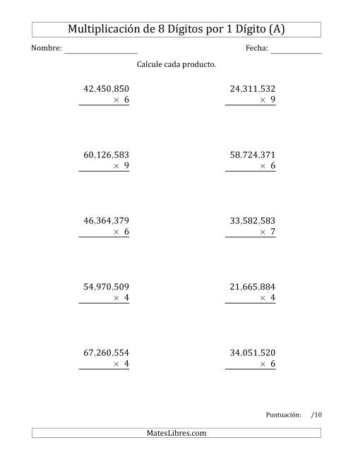 La hoja de ejercicios de Multiplicar Números de 8 Dígitos por 1 Dígito Usando Comas como Separadores de Millares (A)