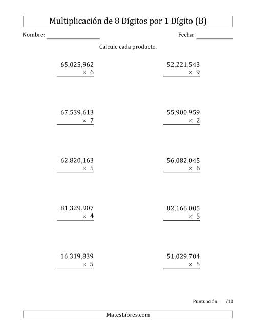 La hoja de ejercicios de Multiplicar Números de 8 Dígitos por 1 Dígito Usando Comas como Separadores de Millares (B)
