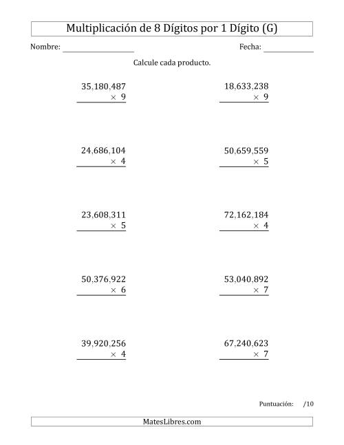 La hoja de ejercicios de Multiplicar Números de 8 Dígitos por 1 Dígito Usando Comas como Separadores de Millares (G)