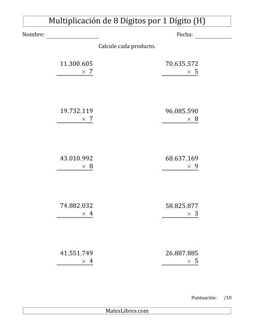 La hoja de ejercicios de Multiplicar Números de 8 Dígitos por 1 Dígito Usando Comas como Separadores de Millares (H)