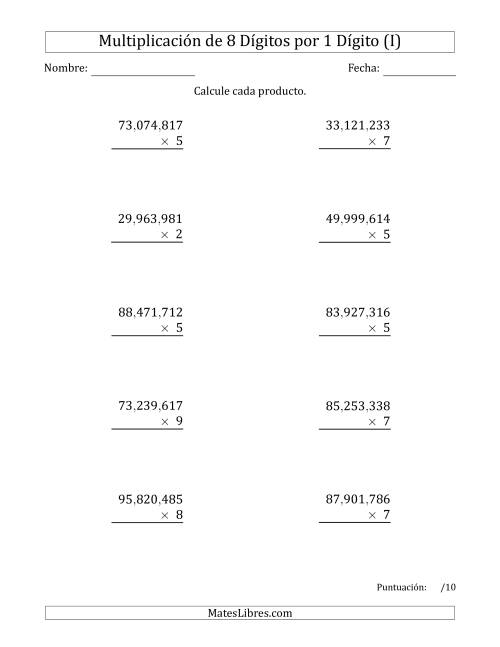 La hoja de ejercicios de Multiplicar Números de 8 Dígitos por 1 Dígito Usando Comas como Separadores de Millares (I)