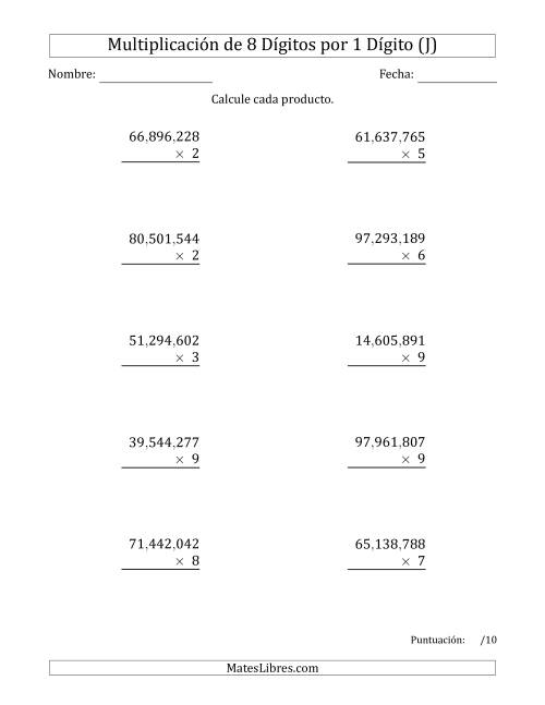 La hoja de ejercicios de Multiplicar Números de 8 Dígitos por 1 Dígito Usando Comas como Separadores de Millares (J)