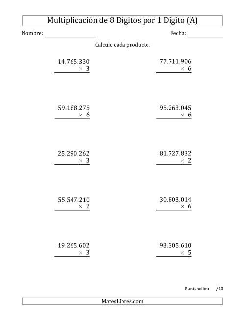 La hoja de ejercicios de Multiplicar Números de 8 Dígitos por 1 Dígito Usando Puntos como Separadores de Millares (A)