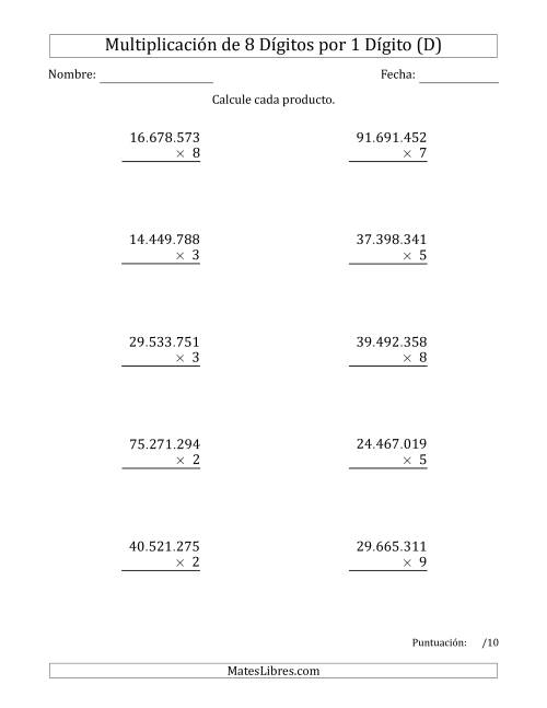 La hoja de ejercicios de Multiplicar Números de 8 Dígitos por 1 Dígito Usando Puntos como Separadores de Millares (D)