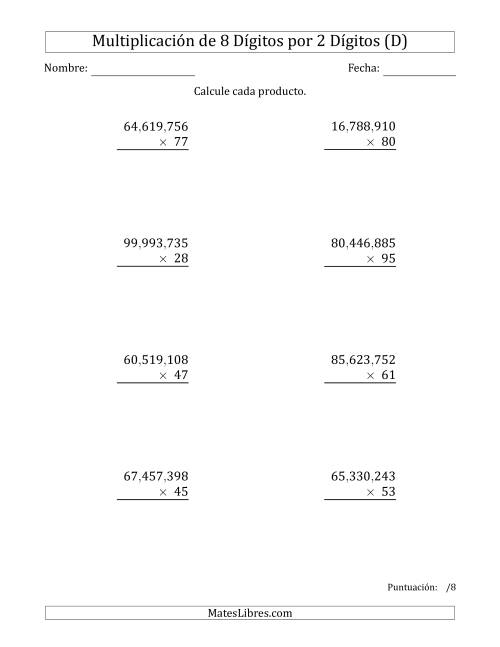 La hoja de ejercicios de Multiplicar Números de 8 Dígitos por 2 Dígitos Usando Comas como Separadores de Millares (D)