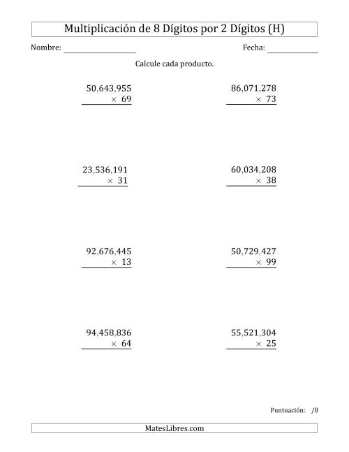 La hoja de ejercicios de Multiplicar Números de 8 Dígitos por 2 Dígitos Usando Comas como Separadores de Millares (H)