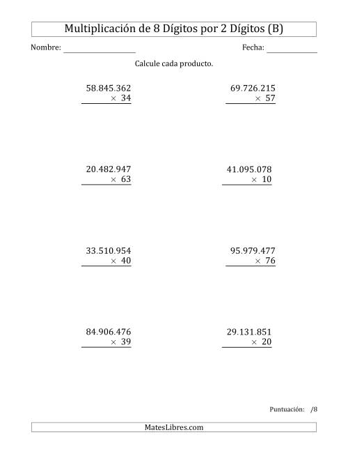 La hoja de ejercicios de Multiplicar Números de 8 Dígitos por 2 Dígitos Usando Puntos como Separadores de Millares (B)