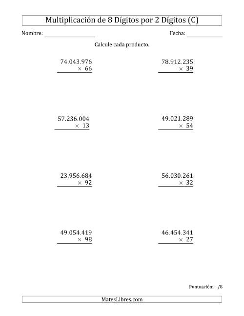 La hoja de ejercicios de Multiplicar Números de 8 Dígitos por 2 Dígitos Usando Puntos como Separadores de Millares (C)