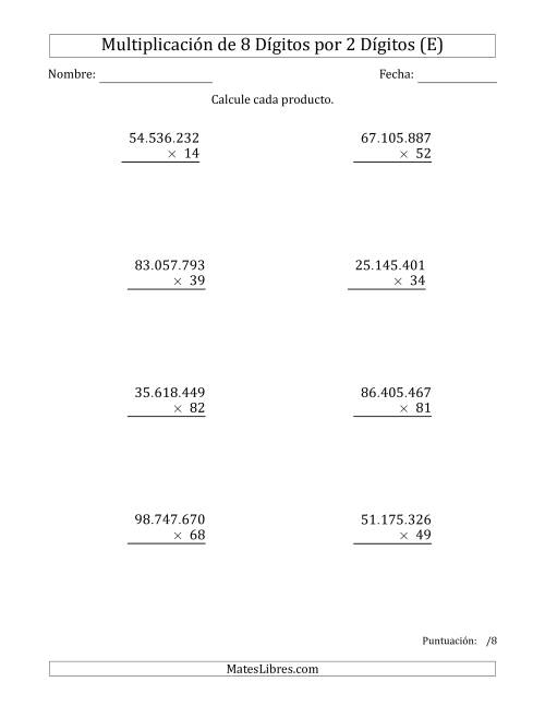 La hoja de ejercicios de Multiplicar Números de 8 Dígitos por 2 Dígitos Usando Puntos como Separadores de Millares (E)