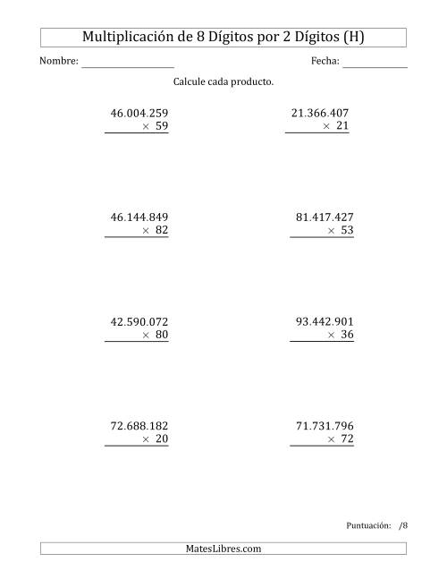La hoja de ejercicios de Multiplicar Números de 8 Dígitos por 2 Dígitos Usando Puntos como Separadores de Millares (H)