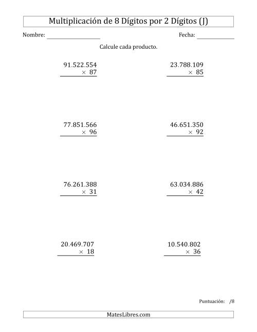 La hoja de ejercicios de Multiplicar Números de 8 Dígitos por 2 Dígitos Usando Puntos como Separadores de Millares (J)