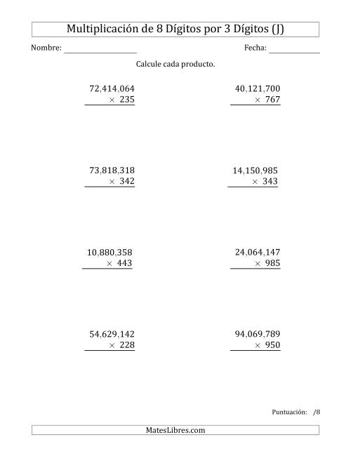 La hoja de ejercicios de Multiplicar Números de 8 Dígitos por 3 Dígitos Usando Comas como Separadores de Millares (J)