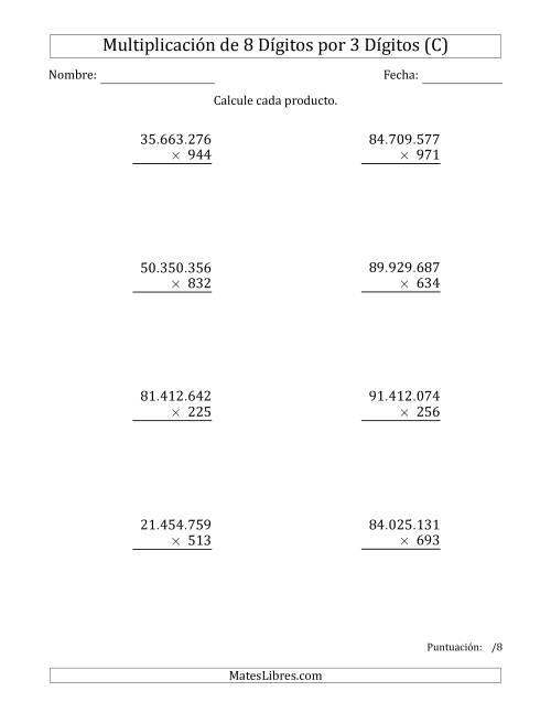 La hoja de ejercicios de Multiplicar Números de 8 Dígitos por 3 Dígitos Usando Puntos como Separadores de Millares (C)